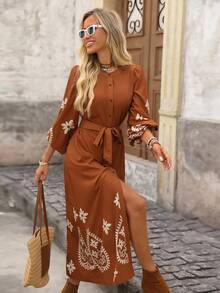 Brillora Vestido casual de mujer con estampado floral, manga farol, abotonadura sencilla y cinturón