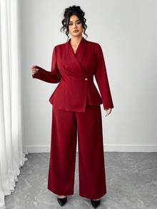 Elenzga Plus Size Red V-Neck Elegant Button Waist Blazer & Wide Leg Pants 2 Pieces Suit Set - Burgundy - View 3
