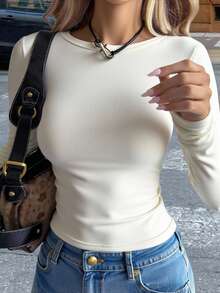 DAZY 女款純色圓領長袖修身休閒抓絨T恤校園風 - 白色 - 查看 4