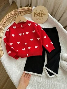 SHEIN Baby Girl Casual Heart Pattern Button Front Sweater And Pants Set, Autumn/Winter - Multicolor - View 3