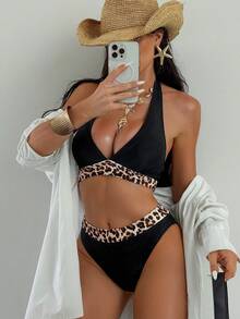 Swim SXY 2025 女士泳衣套装，随机印花，已购买版权豹纹比基尼两件套比基尼高腰比基尼套装 - 黑色 - 查看 1