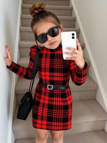 SHEIN Young Girls' Plaid Knit Mock Neck Gigot Sleeve Fitted Dress, Home Or Outdoor Wear, Back To School Fall Clothing Fall Dresses Homecoming Dress Hoco Dressses Wedding Dresses Halloween Clothes  Black Dress Winter Plaid Dress Girls Mama And Me Matching Outfits Matching Girl Women Outfits Mom Daughter Matching Outfit Red Plaid Dress - Red - View 9