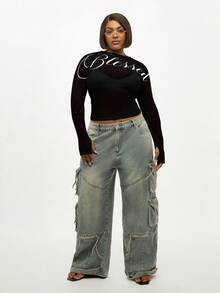 SUMWON Plus Size Long Sleeve Mesh Script Print Top With Round Neckline For Layering - Black - View 7