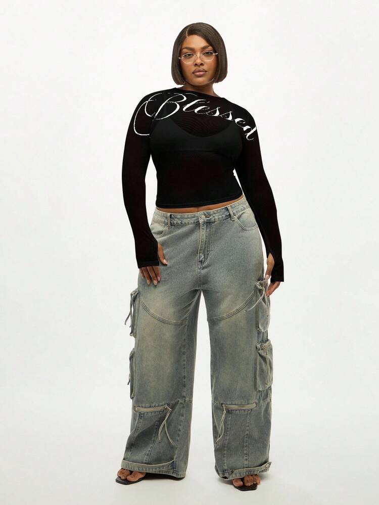 Long Sleeve Mesh Script Print Top