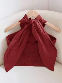 Travachic Áo cổ yếm đan chéo màu trơn đơn giản dành cho nữ, Áo màu đỏ tía, Áo đi biển mùa hè, Áo thường ngày thanh lịch, Áo màu đỏ rượu, Đi chơi thường ngày, Năm mới, Lễ tạ ơn, Giáng sinh - Đỏ - Xem 2