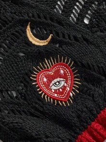 ROMWE Goth Áo khoác cardigan mỏng nhẹ họa tiết trái tim, mắt, sao, mặt trăng cổ điển dành cho nữ - màu đen - Xem 3