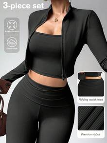 Dewbera 女士三件套瑜伽健身套装，休闲性感户外跑步 U 领上衣，舒适收腹提拉紧身裤，高领紧身长袖拇指孔夹克 - 黑色 - 查看 3