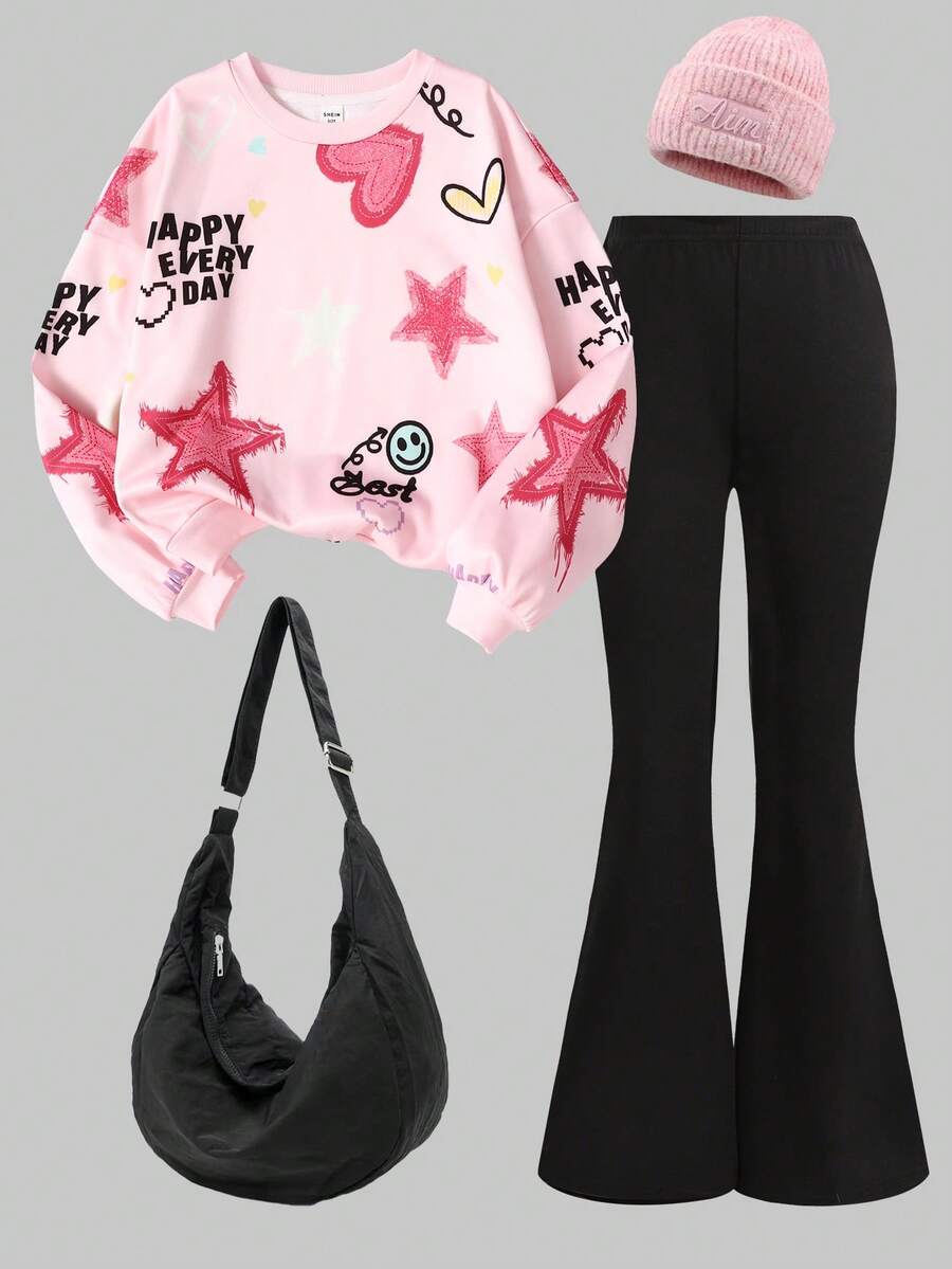 SHEIN 2 件套青少年女孩休闲宽松花卉图案圆领运动衫和喇叭裤套装,适合秋冬季日常穿着 - 彩色 - 查看 1