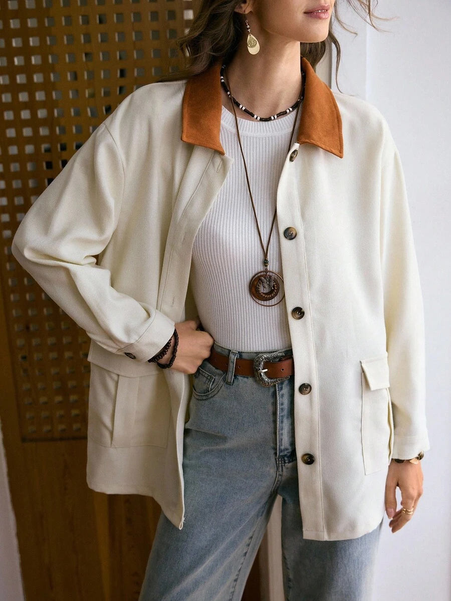 LanaWest LanaWest Women's Western Casual Turndown Collar Contrast Color Barn Jacket