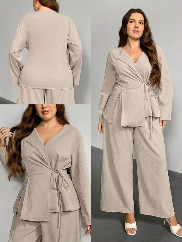 Firerie بدلة نسائية كبيرة الحجم من قطعتين، تتكون من قميص كاجوال أنيق من الكتان مع ربطة خصر وبنطال فضفاض عالي الخصر، مناسبة للاستخدام في العمل والعطلات والمناسبات الربيعية والخريفية والشتوية