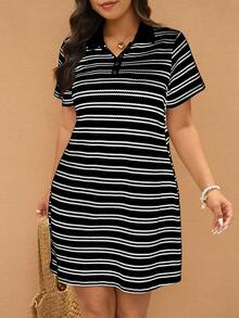 Elaquor Đầm thường ngày tay ngắn cổ polo kẻ sọc mùa hè cỡ lớn dành cho nữ - màu đen - Xem 4