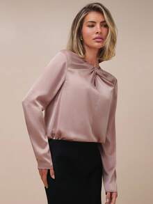 COSMINA Women's Elegant Twist Satin Long Sleeve Hollow Out Collar Blouse, Early Autumn - Pink - View 7