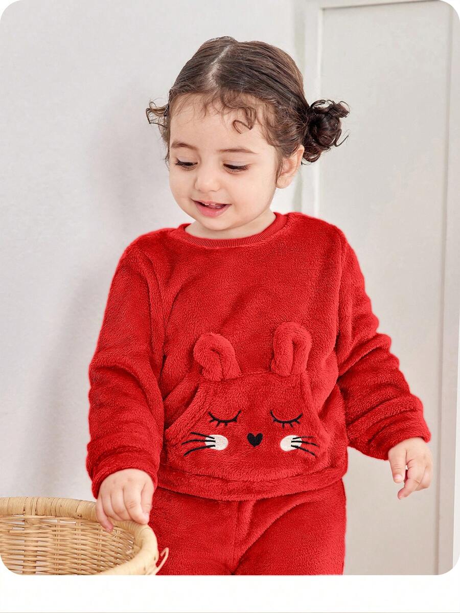 Completo da bambina con top a maniche lunghe con motivo carino e morbido e pantaloni a vita elastica, outfit rosso autunnale/invernale, abbigliamento invernale per bambine, set da 2 pezzi, abbigliamento invernale in pile - Rosso - Visualizzare 1