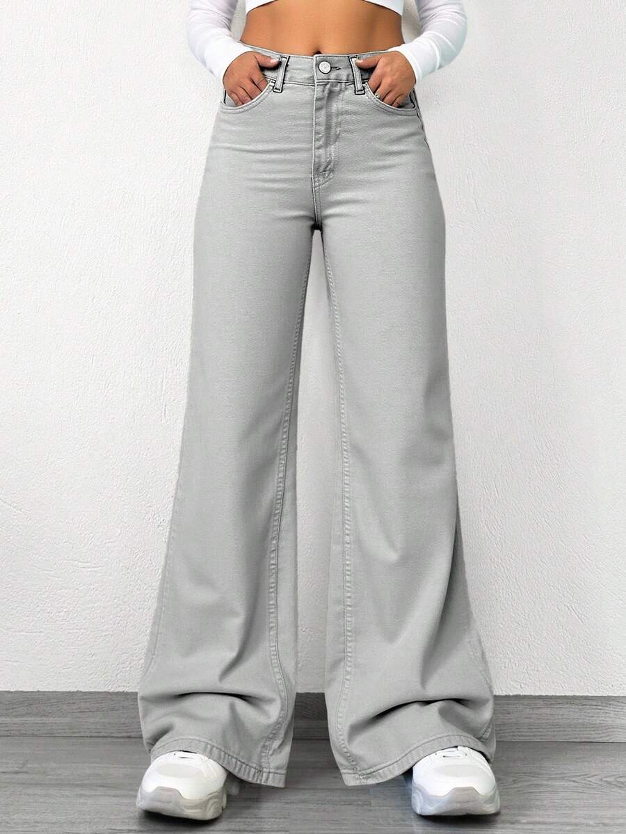 Cottnline Solid Color Straight-Leg Jeans - Light Grey - View 1