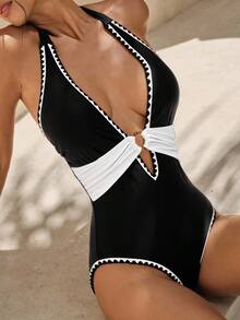 Swim Chiccia 1pc Elegant Black & Beige Contrast Color Deep V-Neck Resin Ring Floral Backless Tie-Up One-Piece Swimsuit