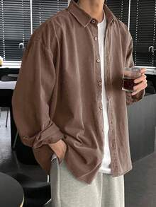 DAZY 男士纯色长袖单排扣休闲通勤衬衫，秋季 - 棕色 - 查看 4