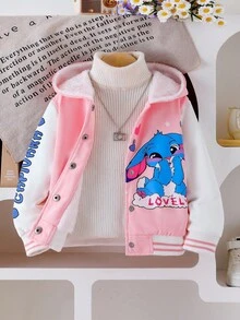 SHEIN 女童粉色长袖连帽蓝色兔子印花可爱仿毛皮内衬外套，儿童秋冬季外套 - 粉色 - 查看 8