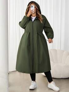 SHEIN CURVE+ 加大码女式绿色抽绳连帽保暖内衬长袖风衣，加大码女式连帽夹克雨衣秋冬装 - 綠色 - 查看 10