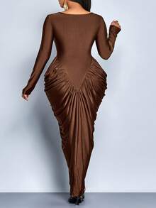 SOLERSUN Plus-Size Women's Clothing For Autumn And Winter, Suitable For Daily Commuting Or Parties, Shiny, Knitted Fabric, Brown, Long Sleeves, Square Neckline, Fitted Hips, Curved Hem, Center Front Slit, Maxi Skirt,Cocoon Shaped Package,Haiioween,Christmas,New Year,Graduation Dress,Prom Dress, - Coffee Brown - View 2