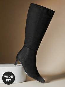 SHUZIA Wide Calf Women's 2.25" Slanted Kitten Heel & Pointed Toe Fabric Suede Black Sleek Knee-High Boots– Designer-Inspired Elegance That Elevates Any Outfit With A Sophisticated, Chic Touch