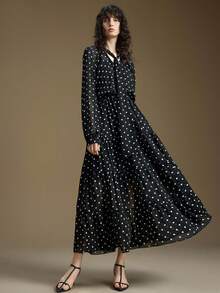 Ontre 2025秋冬新款婚礼宾客连衣裙,商务休闲百搭现代都市风宽松版型,适合日常穿着、万圣节、圣诞节等场合,优雅黑白波点雪纺面料宽松长裙,商务休闲、通勤、日常、新年皆宜。 - 黑色 - 查看 6