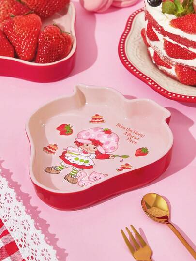 Strawberry Shortcake X SHEIN 可爱的草莓图案餐盘/碟子，可用于微波炉和洗碗机，可盛放零食、水果、蛋糕，也可用于收纳钥匙和小物件，是馈赠佳品。