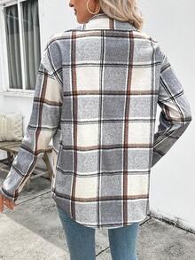 EMERY ROSE Women's Plaid Single-Breasted Casual Fleece Jacket, Autumn/Winter - Grey - View 2