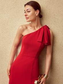 MOTF PREMIUM BOW DETAIL SPLIT THIGH MERMAID HEM DRESS, FOR FALL/WINTER, CHRISTMAS DRESS, RED DRESS, NEW YEAR DRESS - Red - View 2