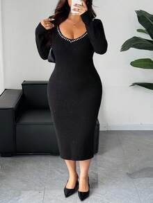 Dazy Plus 大码女式水钻装饰 V 领修身长袖超长毛衣裙，适合宴会、秋冬舞会礼服 - 黑色 - 查看 3