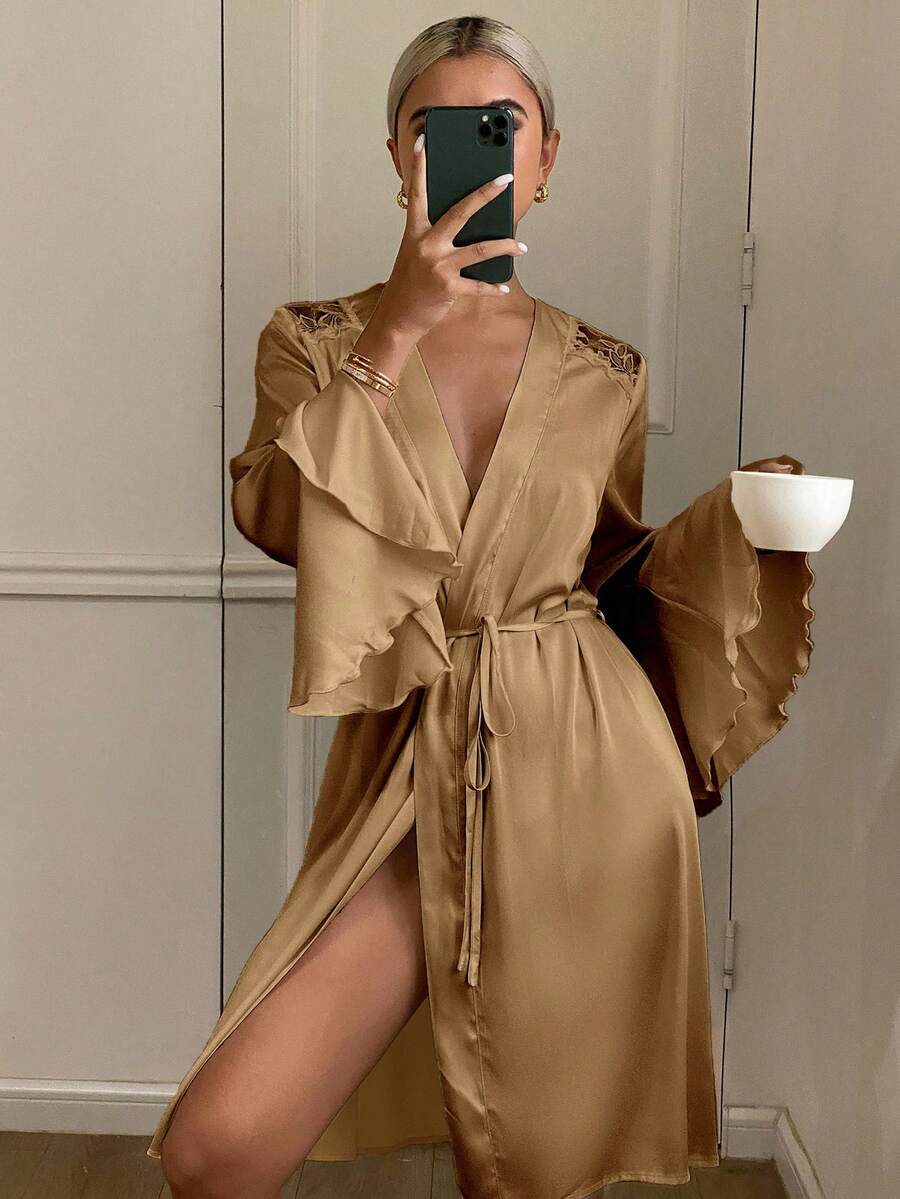 DAZY Women's Satin & Lace Patchwork Ruffle Sleeve Design Robe Pajama, Winter - Camel - View 1