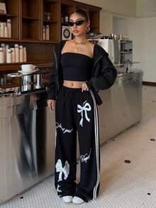 Muchica Women's Black Knit Letter & Bow Print Drawstring Waist Wide Leg Loose SweatPants,Autum / Winter - Black - View 6