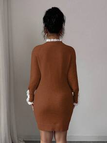 Elenzga Herbst/Winter Langarm Twist Seil Rundhals Spitzenbesatz Apricot Kleid - Braun - Übersicht 2