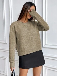 SHEIN 休闲风格纯色圆领针织长袖毛衣 - 卡其色 - 查看 3