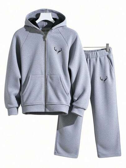 SHEIN 2 st. tonårspojkar casual set med enfärgad raglanärm och huvtröja och mjukisbyxor, grundläggande minimalistisk stil lämplig för pendling, skola, vardag, semester, utomhus, fest, höst/vinter