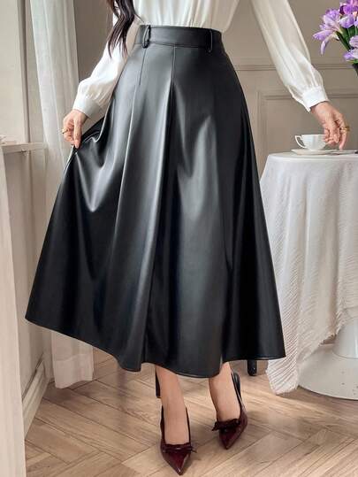 DAZY 女士纯色高腰PU皮革褶皱设计优雅半身裙