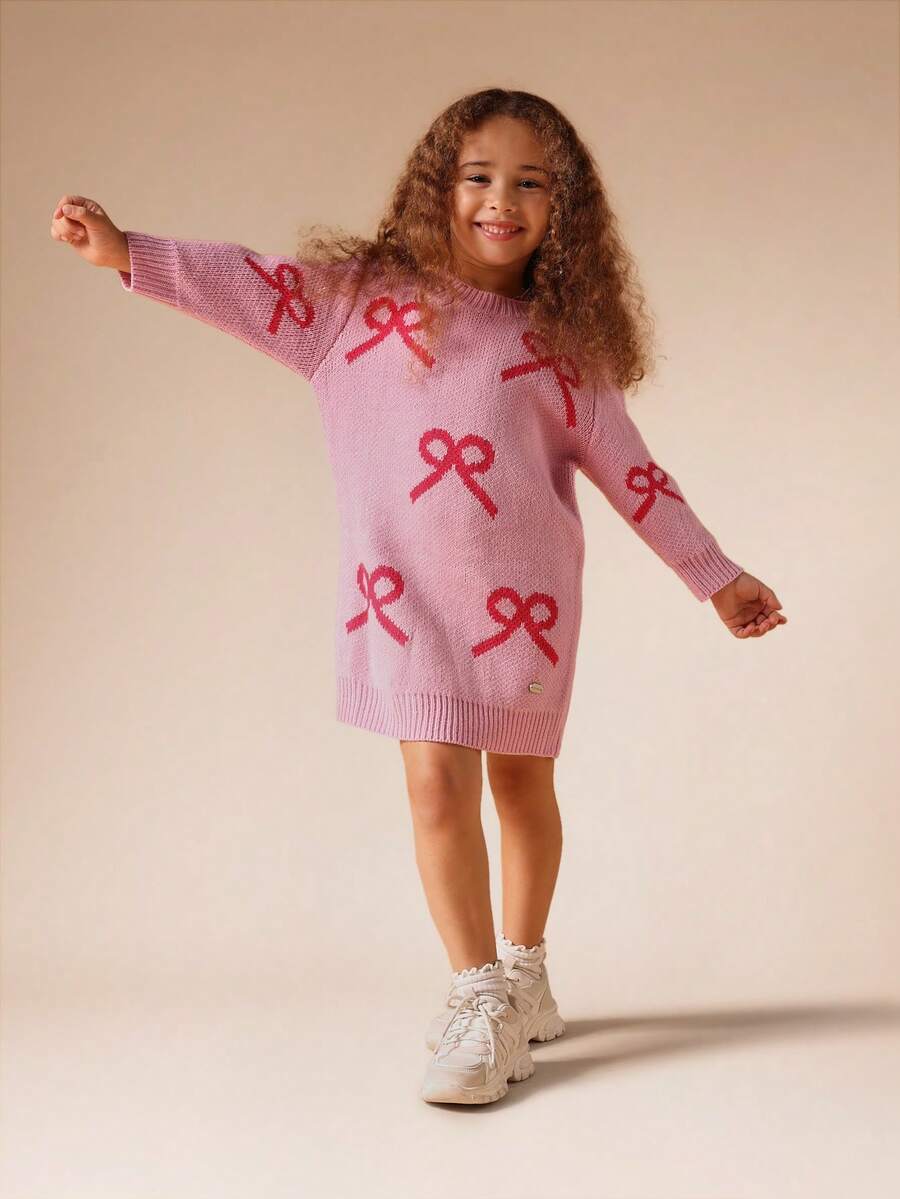 SUMWON 女童针织毛衣裙蝴蝶结图案长袖秋冬休闲节日派对特殊场合中长款可爱日常穿着舒适 - 粉色 - 查看 1