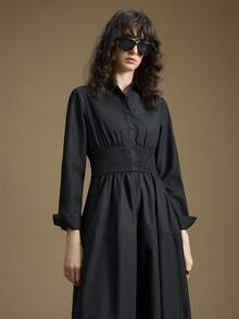 Ontre 2025秋冬新款婚礼宾客礼服，宽松优雅黑色编织连衣裙，腰部抽绳设计，A字廓形，适合商务、休闲、通勤、日常穿着、新年等场合。 - 黑色 - 查看 8