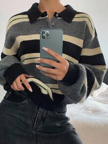 Livesso 女士休闲条纹高领毛衣，秋季 - 灰色 - 查看 6