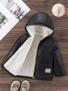 女童冬季黑色保暖加厚羽绒服，带拉链帽，字母贴片，经典休闲羽绒服 - 黑色 - 查看 1