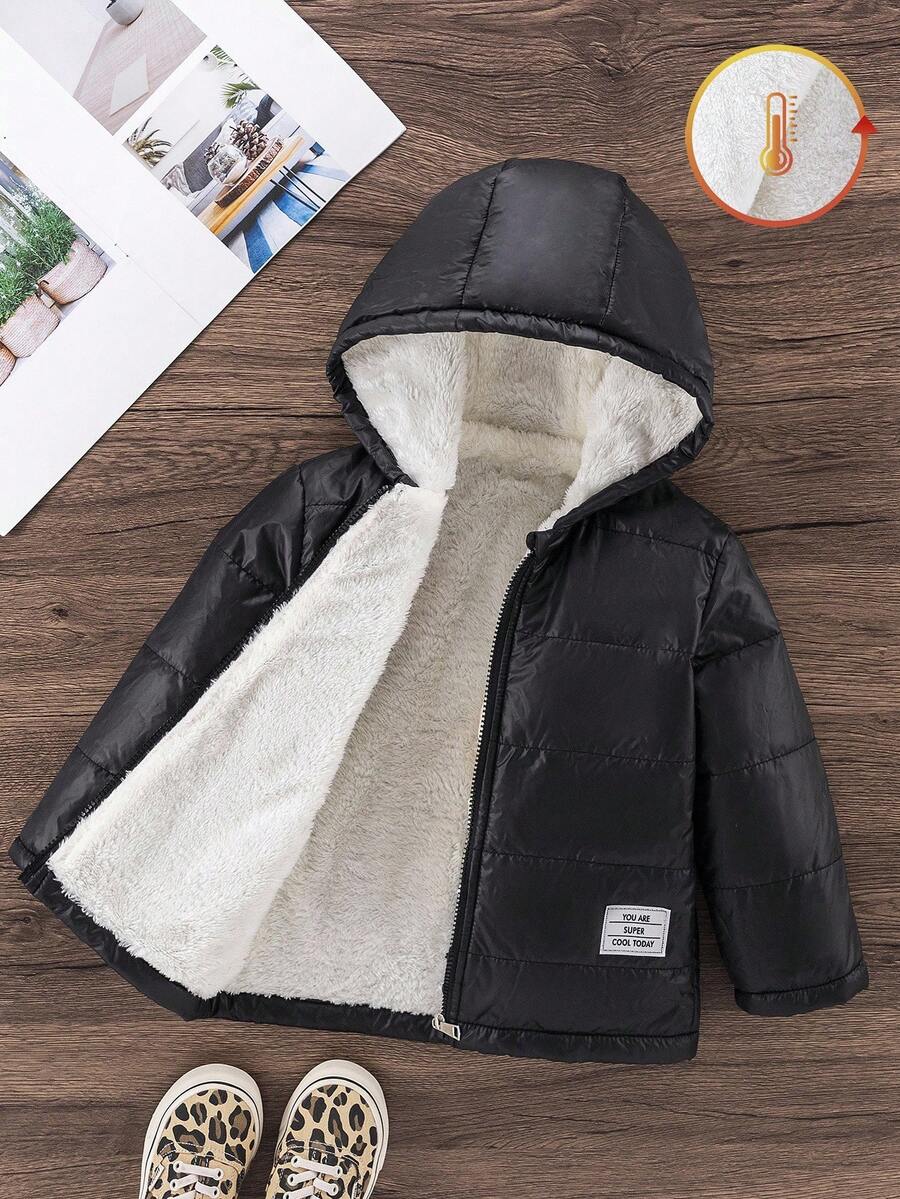 女童冬季黑色保暖加厚羽绒服，带拉链帽，字母贴片，经典休闲羽绒服 - 黑色 - 查看 1