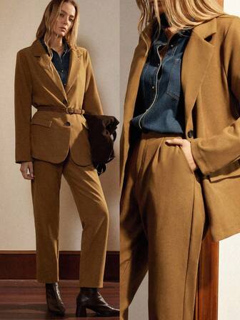 Écloséra Fashionable And Versatile Commuting Temperament H-Shaped Suit Lapel Long-Sleeved Brushed Brown Retro Suit Jacket Suit Going Out Top Straight Brushed Brown Trousers Women's Suit Pants Ladies Autumn And Winter Suit Winter Clothing Women's Suit Suit Women's Two-Piece Suit Women's Business Casual Wear