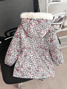 SHEIN Genkimix Kids 女童厚羊毛连帽夹克，人造毛领，修身款，拉链开合，适合 4-7 岁儿童，冬季外套 - 彩色 - 查看 2