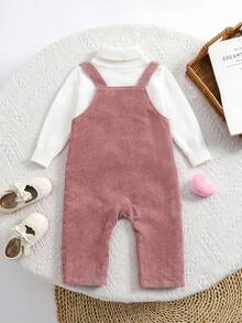 SHEIN Conjunto de ropa de bebé recién nacida niña, pantalones peto con estampado de dibujos animados de pana versátil y linda, mono, para otoño/invierno - Rosa - Ver 15