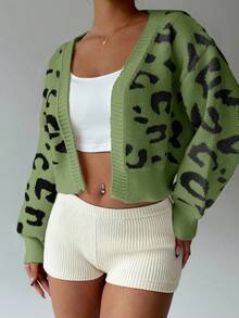 Lunelith SHEIN Lunessa كارديجان نسائي فضفاض مصنوع من الصوف المحبوك بأكمام طويلة وياقة منسدلة بطبعة نمر، مناسب للخريف والشتاء