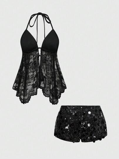 ROMWE Avant Ensemble 2 pièces pour femmes comprenant un top court à fines bretelles sans dos et un short à taille basse avec sequins, style Y2K