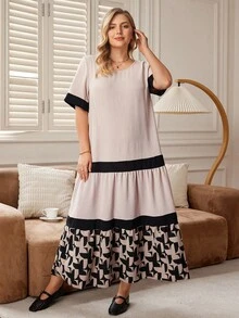 Rosumi Plus Size Women's Ripe Elegant Round Neck Color Block Border Casual Daily Wear Long Mother's Day Dress - Multicolor - View 3