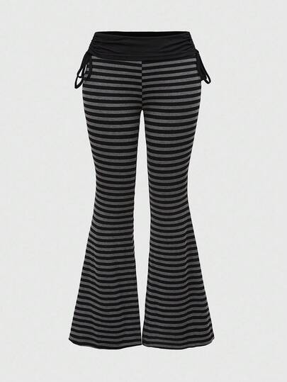 ROMWE Grunge Punk Spring/Summer Plus Size Women Punk Style Striped Drawstring Flare Pants