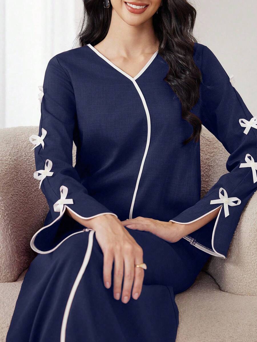 Yasmyna Váy dự tiệc sọc tương phản nơ lãng mạn thanh lịch dành cho nữ, váy chữ A kiểu Ả Rập thường ngày, mặc hàng ngày - Màu xanh hải quân - Xem 1