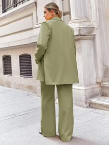 EURMUSE 大码两件套 - 纯色夹克和裤子，休闲/正装 - 軍綠色 - 查看 7