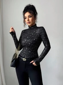 Elenzga Women's Fashionable High Neck Long Sleeve Slim Fit Sequin T-Shirt, Suitable For Daily Wear, Autumn - Black - View 4